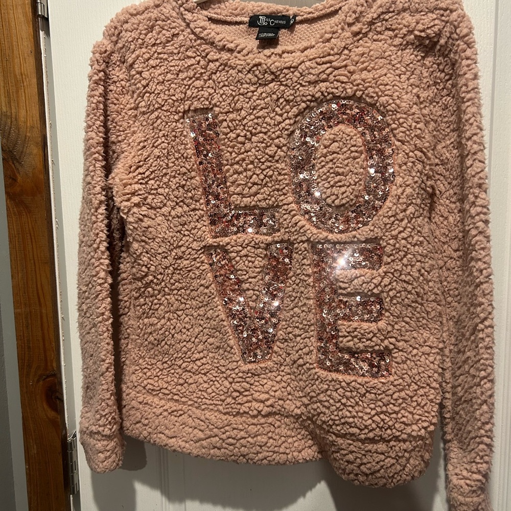 Miss Chievous Blush Fuzzy Cozy LOVE Sequin Sweater Y2K